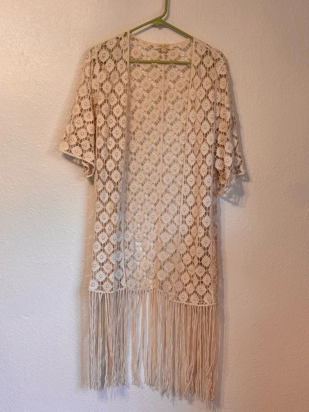 Rebellion Again Crochet Fringe Open Front Cardigan Medium